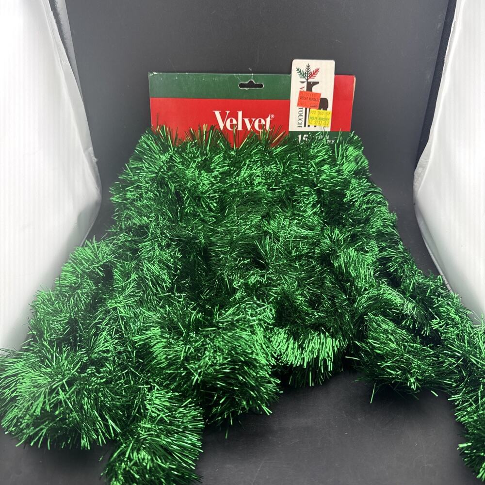 Vintage Velvet Touch Green Tinsel Christmas Garland Decor 15 Feet Metallic